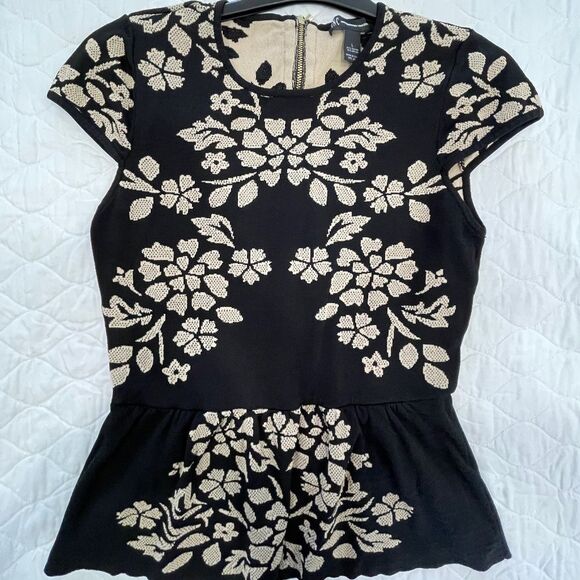 INC International Concepts Black and Beige Peplum Blouse Size L - Picture 2 of 7